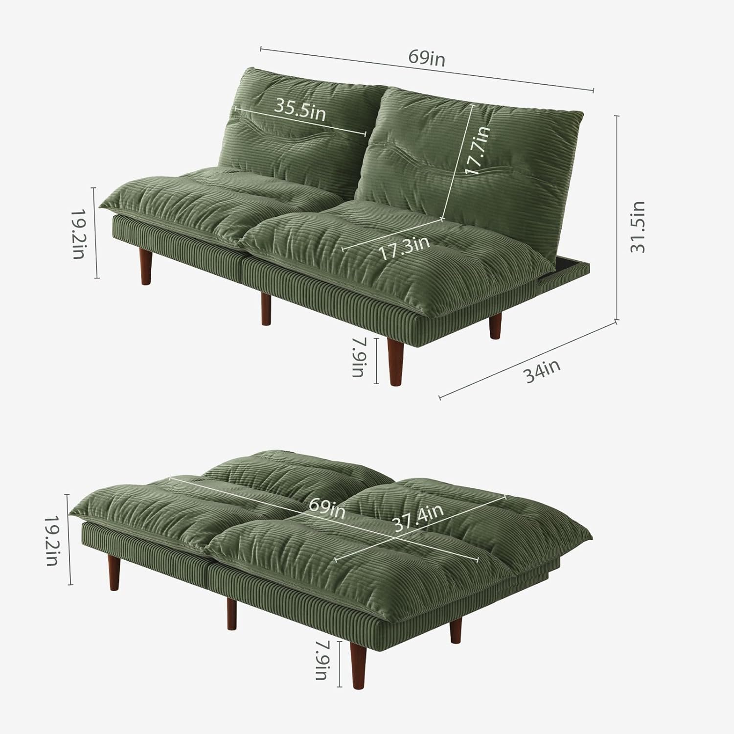 DreamDashio Futon Sofa Bed, 69 inch Futon Couch with Adjustable Backrest, Corduroy Convertible Sleeper Sofa Bed, Folding Sleeper Recliner for Apartment, Living Room, Office, Green