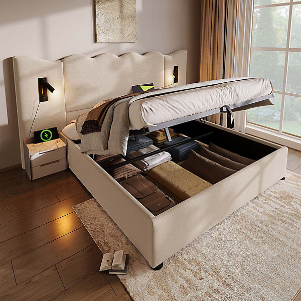 Lit coffre 180x200cm,Lin Beige,rembourré,lampe de lecture,USB Type-C