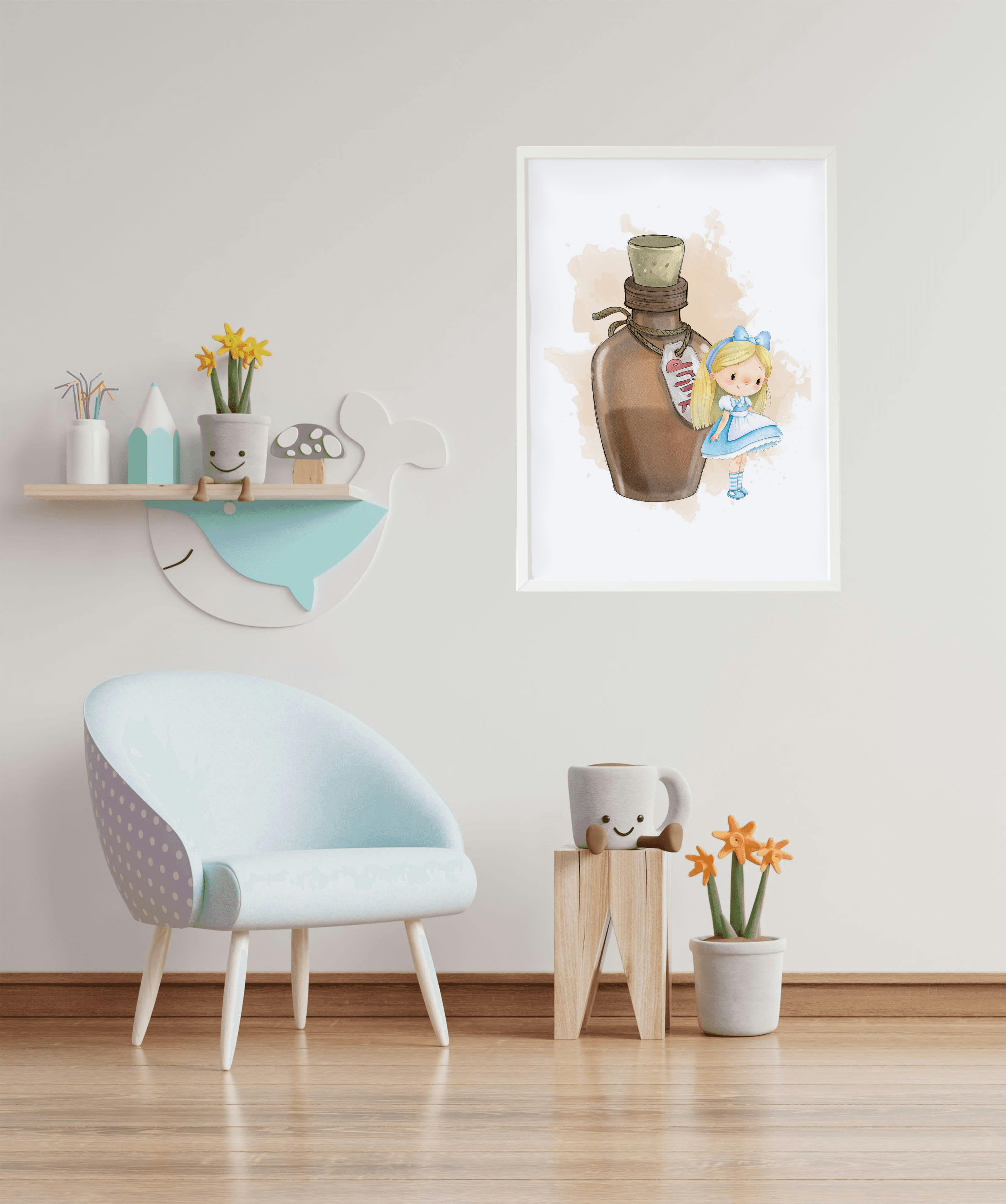 DECOWALL - Impression Alice pocion marron encadrée en bois blanc 43X33 cm