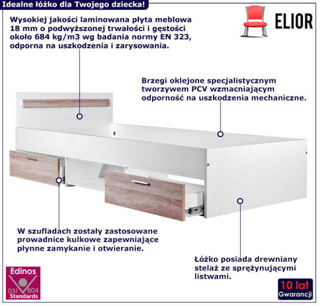 Dziecięce łóżko z szufladami i zagłówkiem 90x200 - Luvon
