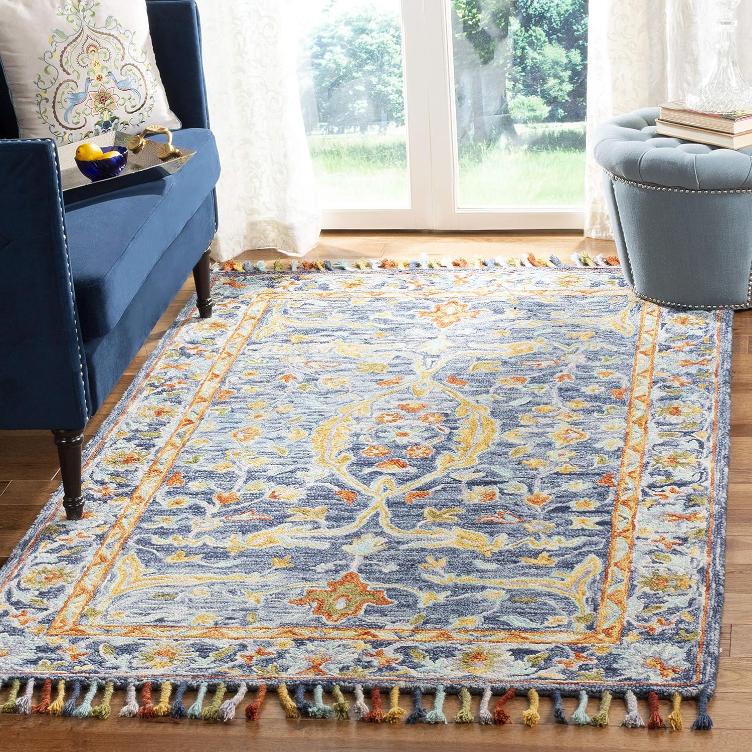 SAFAVIEH Aspen Collection Area Rug - 9' x 12', Blue & Rust, Handmade Boho Braided Tassel Wool, Ideal for High Traffic Areas in Living Room, Bedroom (APN116M)