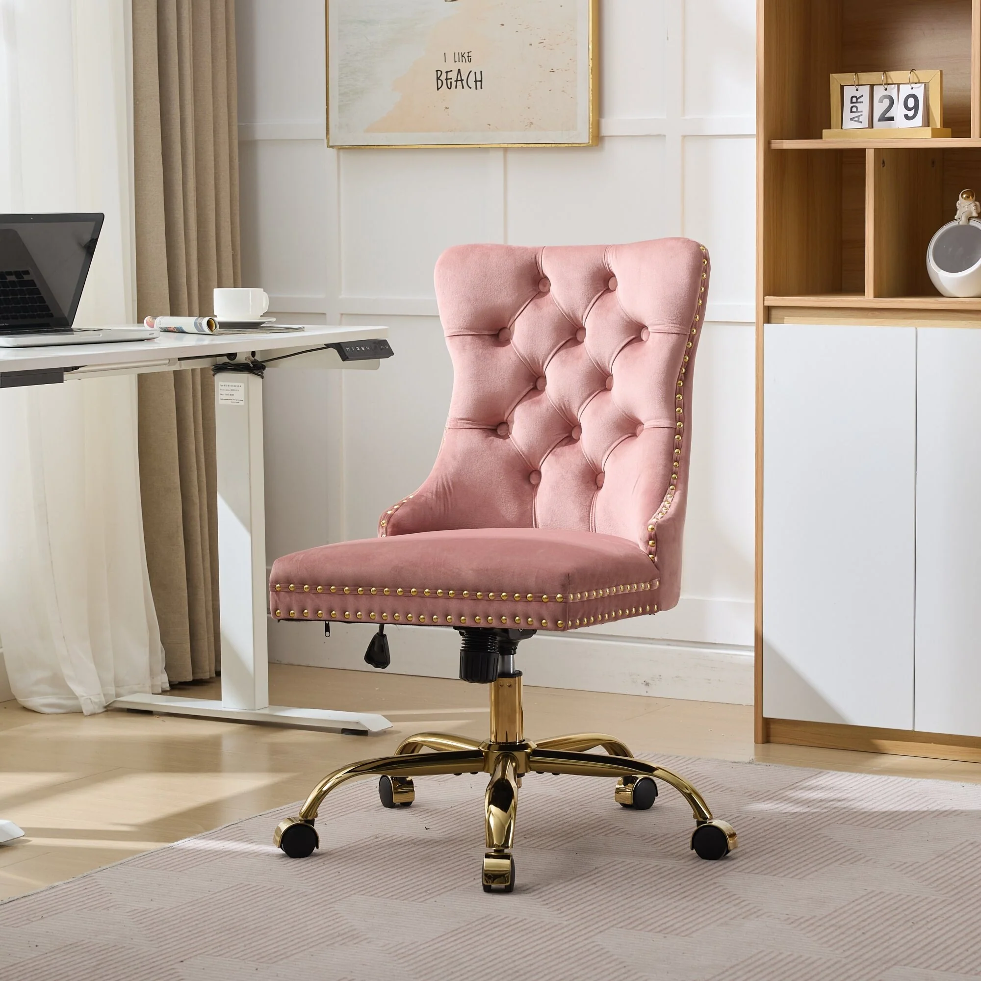 Office Chair,Modern Velvet Upholstered Tufted Button Home Office Chair with Golden Metal Base,Adjustable Desk Chair