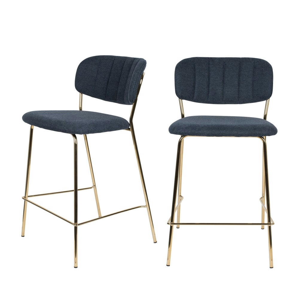 JOLIEN - Lot de 2 tabourets de bar en tissu avec pieds dorés bleu foncé