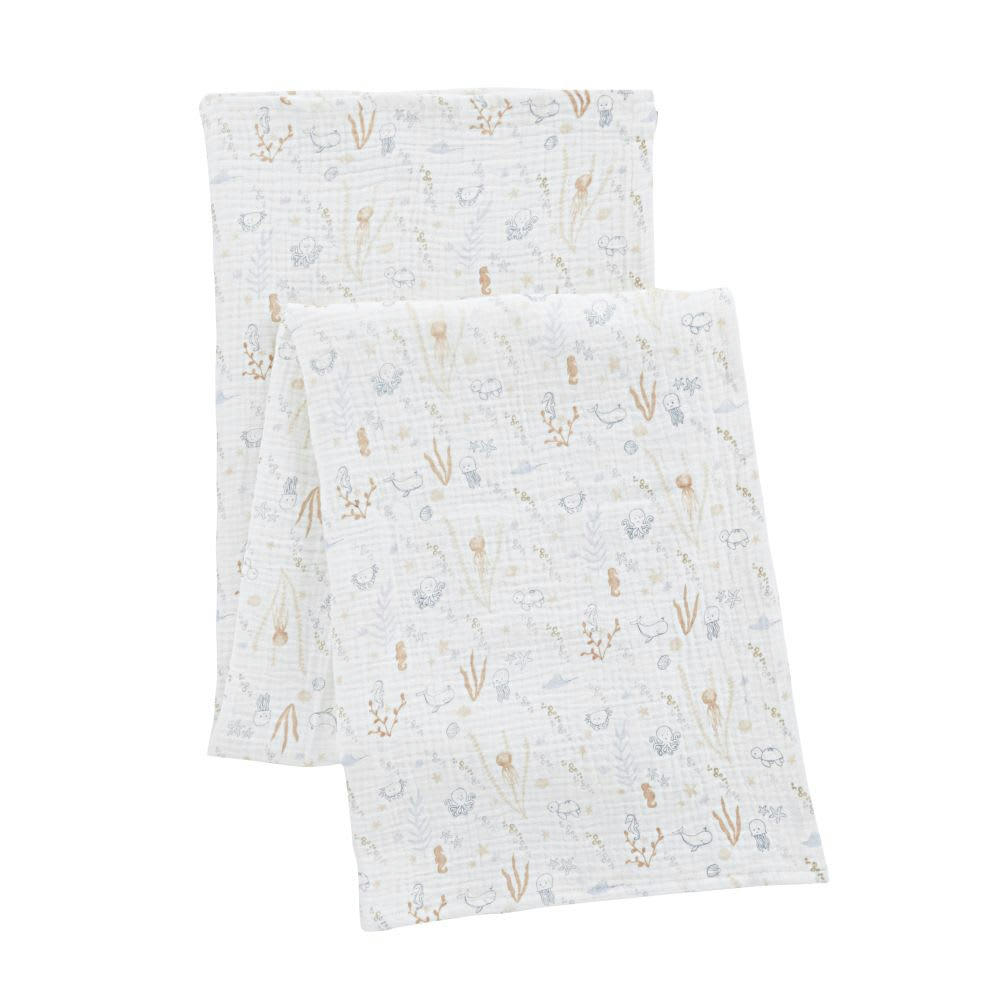 SAINT-MALO - Lange bébé en gaze de coton bio corail et bleu imprimé fonds marins 120x120