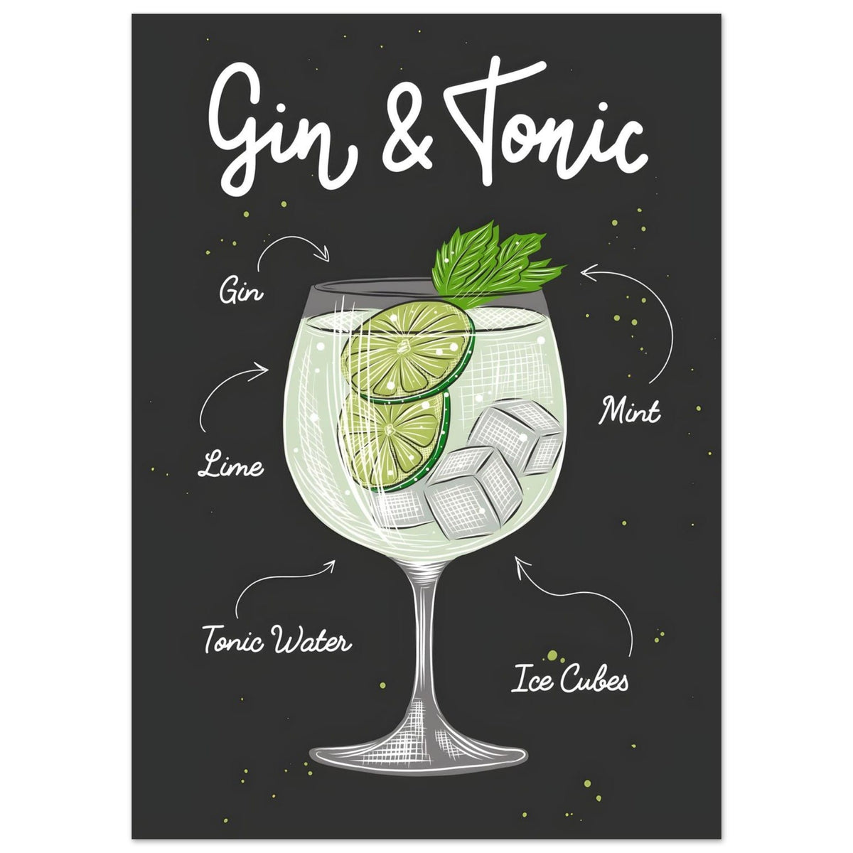 Artfulprints Gin Tonic cocktail – Illustratie  poster 50x70 cm