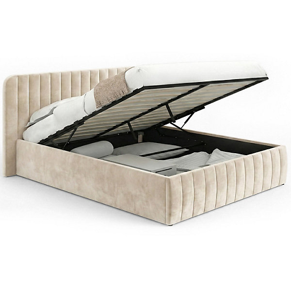 Lit coffre double ALBA avec tête de lit et sommier 160 x 200 cm velours beige