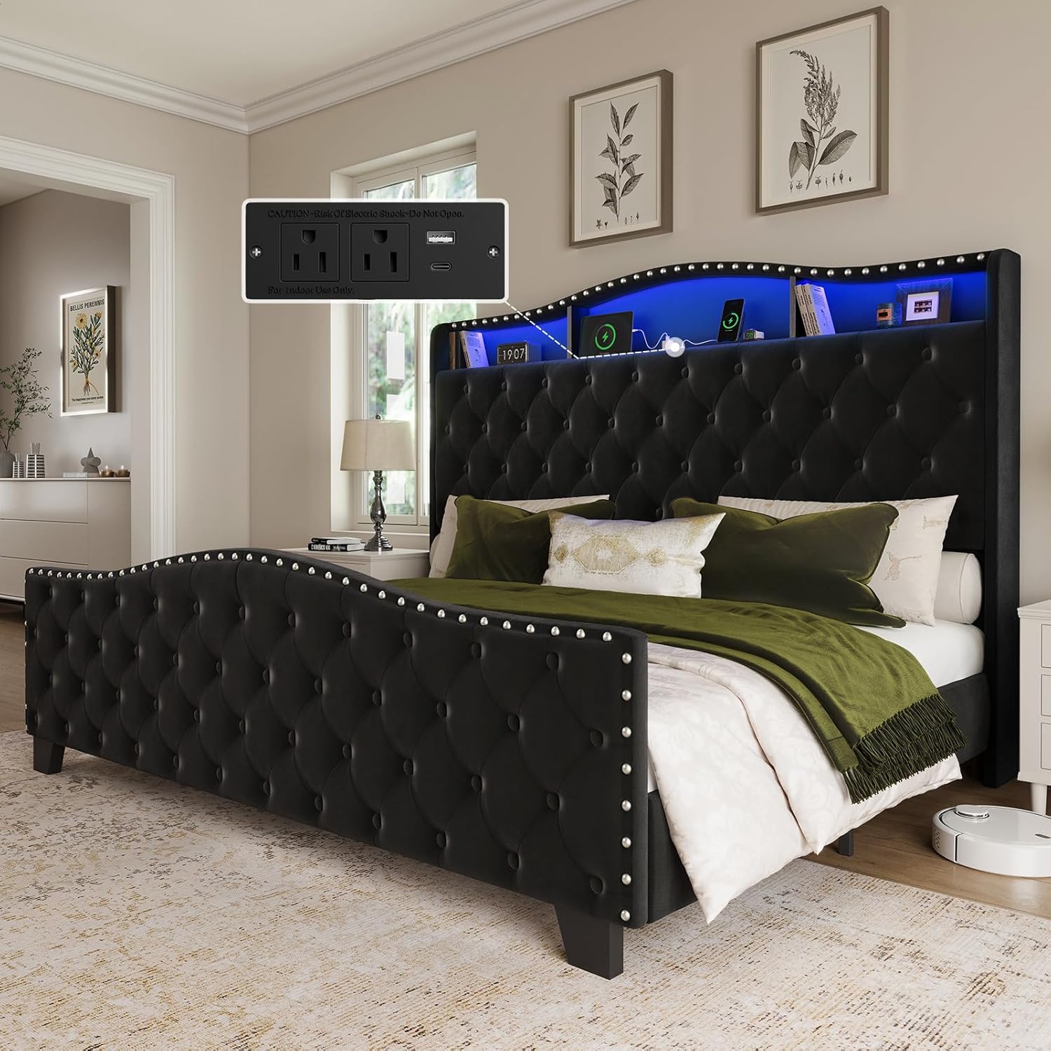 Belffin King Size Bed Frame and Headboard, 50.9 Velvet Upholstered Wingback Bedframe with LED Lights & Storage/Charging Station, Button Tufted Tall Footboard, No Box Spring Needed, Noise-Free, Black