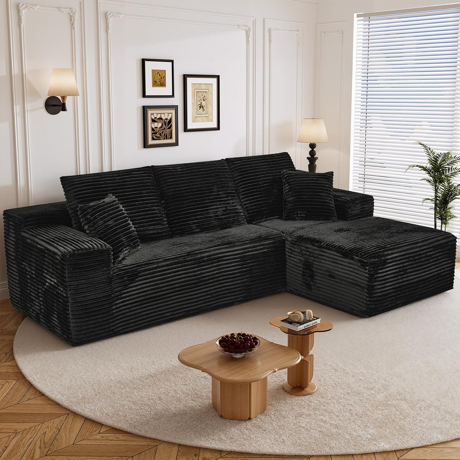 108 L Shaped Boneless Sectional Couches for Living Room, Comfy Corduroy Floor Cloud Sofa with Chaise, Wide Armrest, Deep Seat, Memory Foam, Assembly Free, Ideal for Small Spaces, Black
