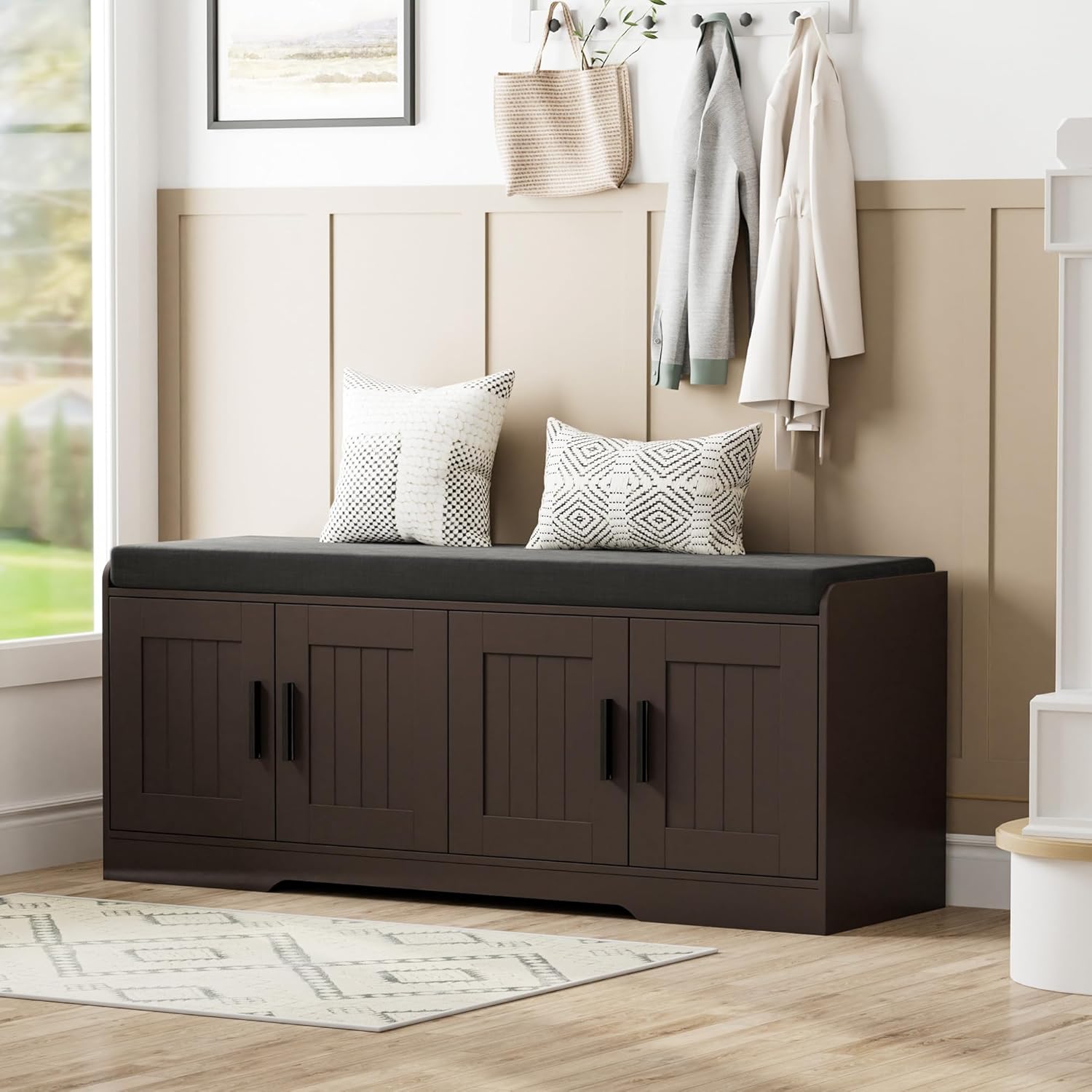 Homleke 2-Tier Storage Bench, Shoe Bench with Thickened Padded Seat Cushion, Entryway Bench with 4 Doors, Adjustable Shelf, 13.8 D x 45.3 W x 18.5 H, for Entryway, Living Room, Bedroom, Brown