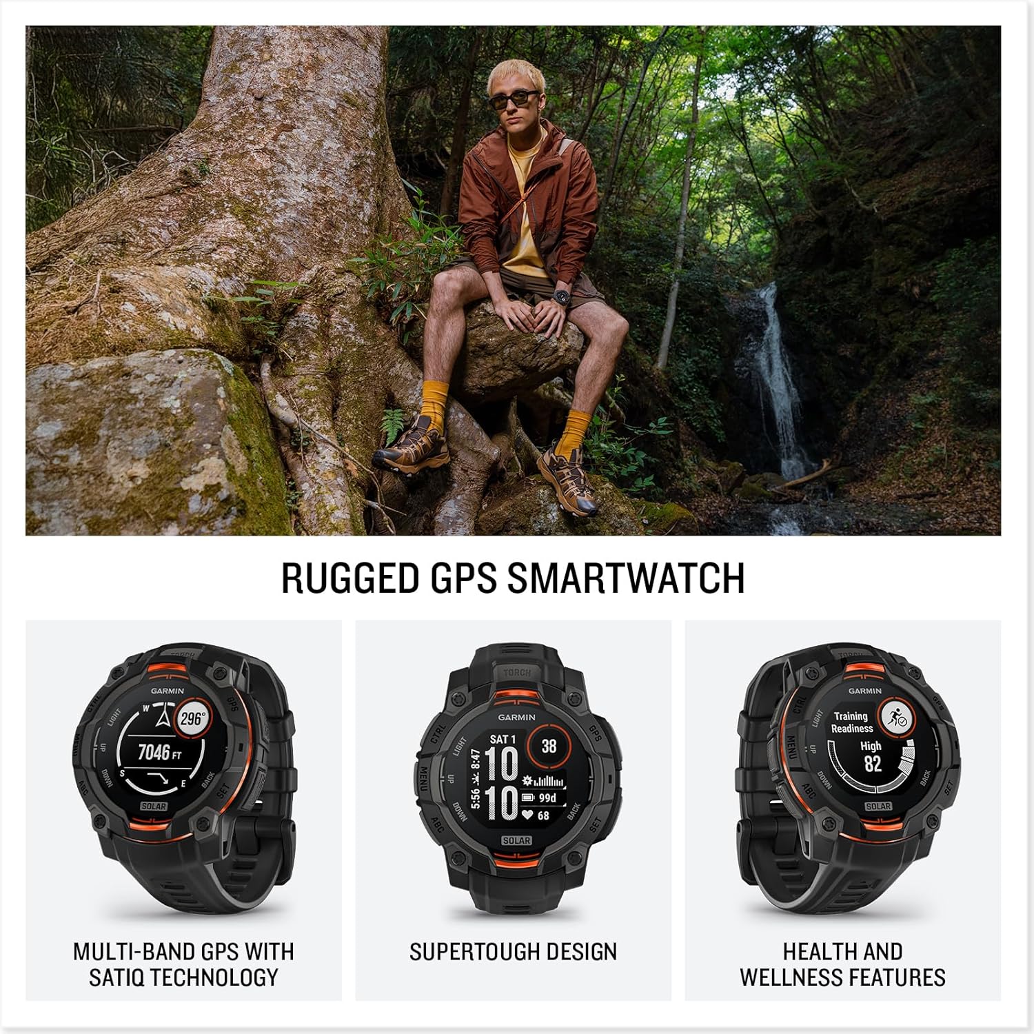 Garmin Instinct® 3 45mm  Solar Charged Display  Rugged Outdoor GPS Smartwatch  Metal-Reinforced Bezel  Built-in Flashlight  Black