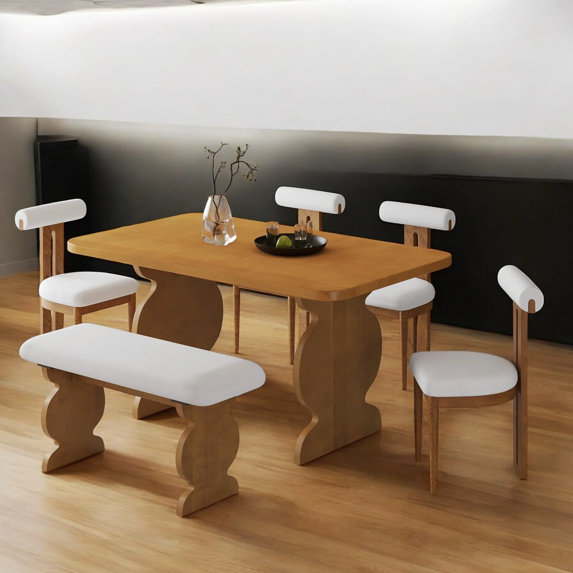 6-Piece Mid-Century Modern Dining Table Set with Bench & Upholstered Chairs - Solid Wood Frame, Seats 6 for Dining Room