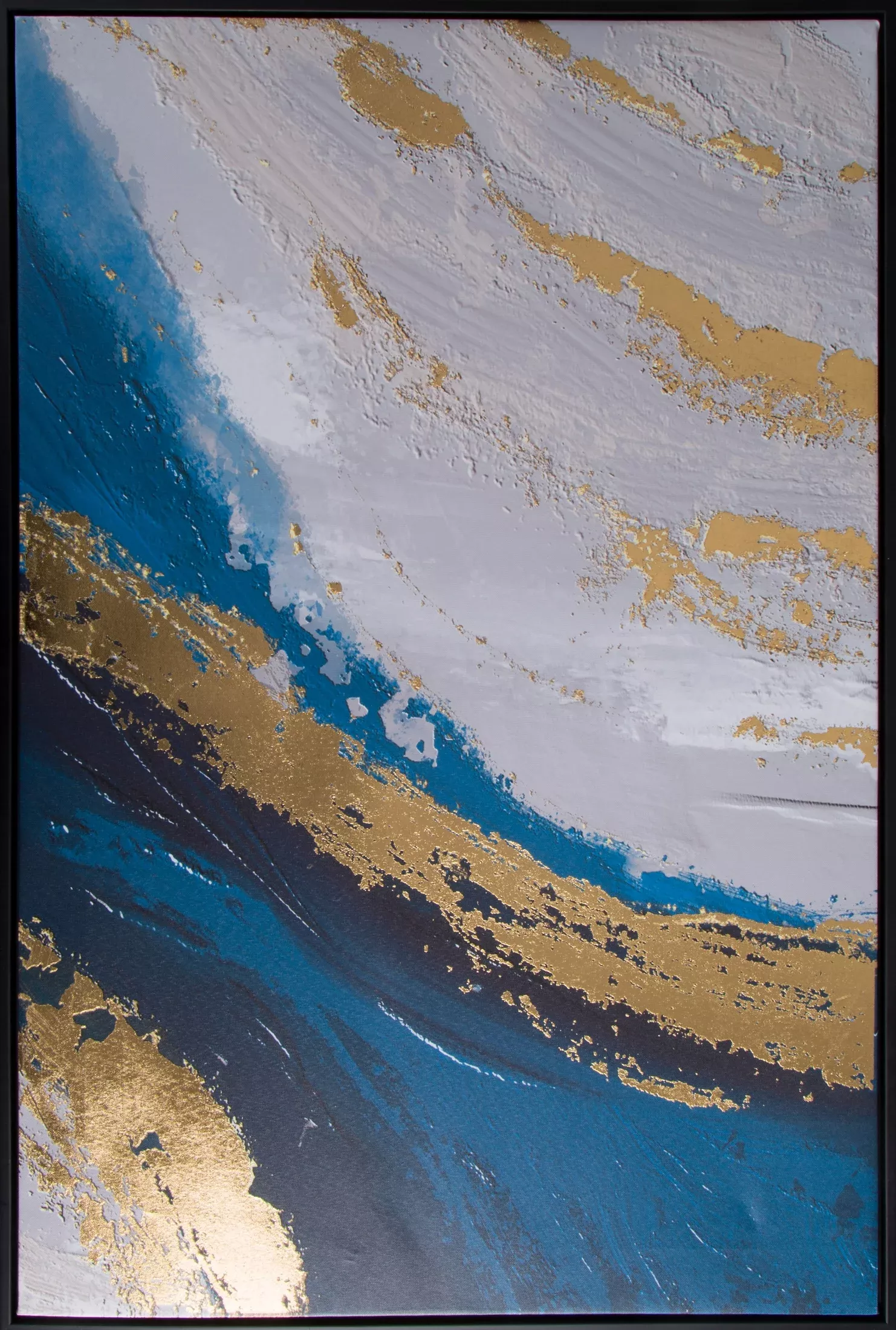 Obraz abstrakcja szaro, granatowy nadruk na płótnie ze złotymi zdobieniami 60x90 cm COLLAGE 5