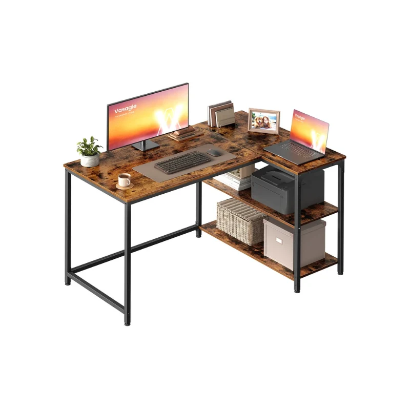 Bureau de Gaming en Forme de L avec Hauteur Réglable et Étagère Rabattable