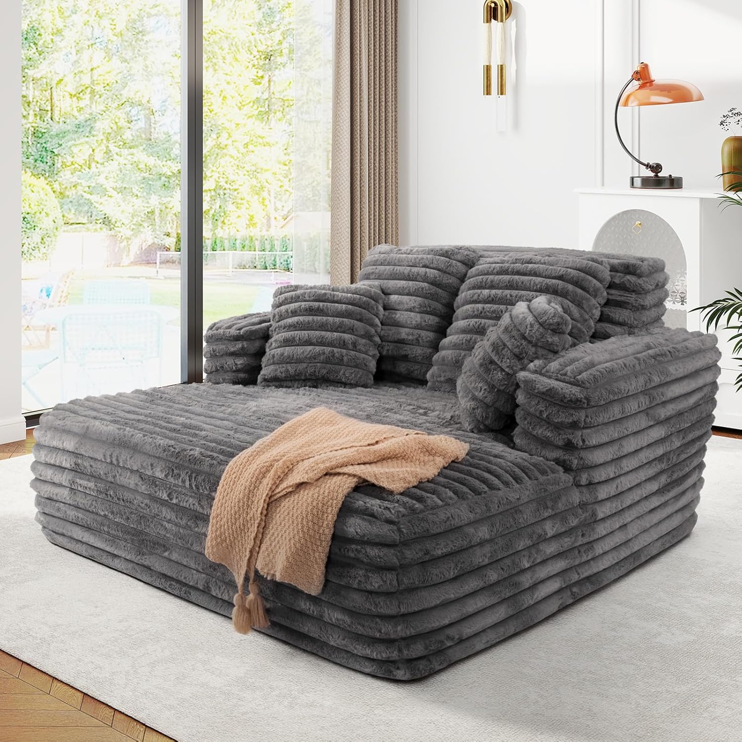 56 Oversized Chaise Lounge Chair Indoor,Plush Faux Fur Sleeper Sofa Couch Bed with Pillows&Wide Armrests,Fluffy Comfy Cloud Couch,Compression Foam Couch for Living Room,Bedroom(Grey)