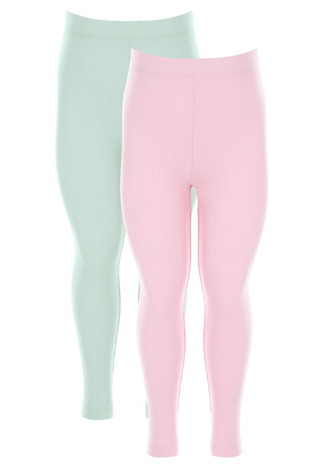 Younger Girls 2pk Pink & Sage Ribbed Leggings
