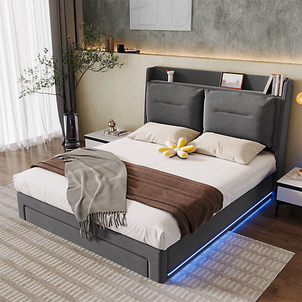 Lit rembourré hydraulique 160x200cm, tiroirs de rangement, avec sommier à lattes, sans matelas, velours, gris foncé