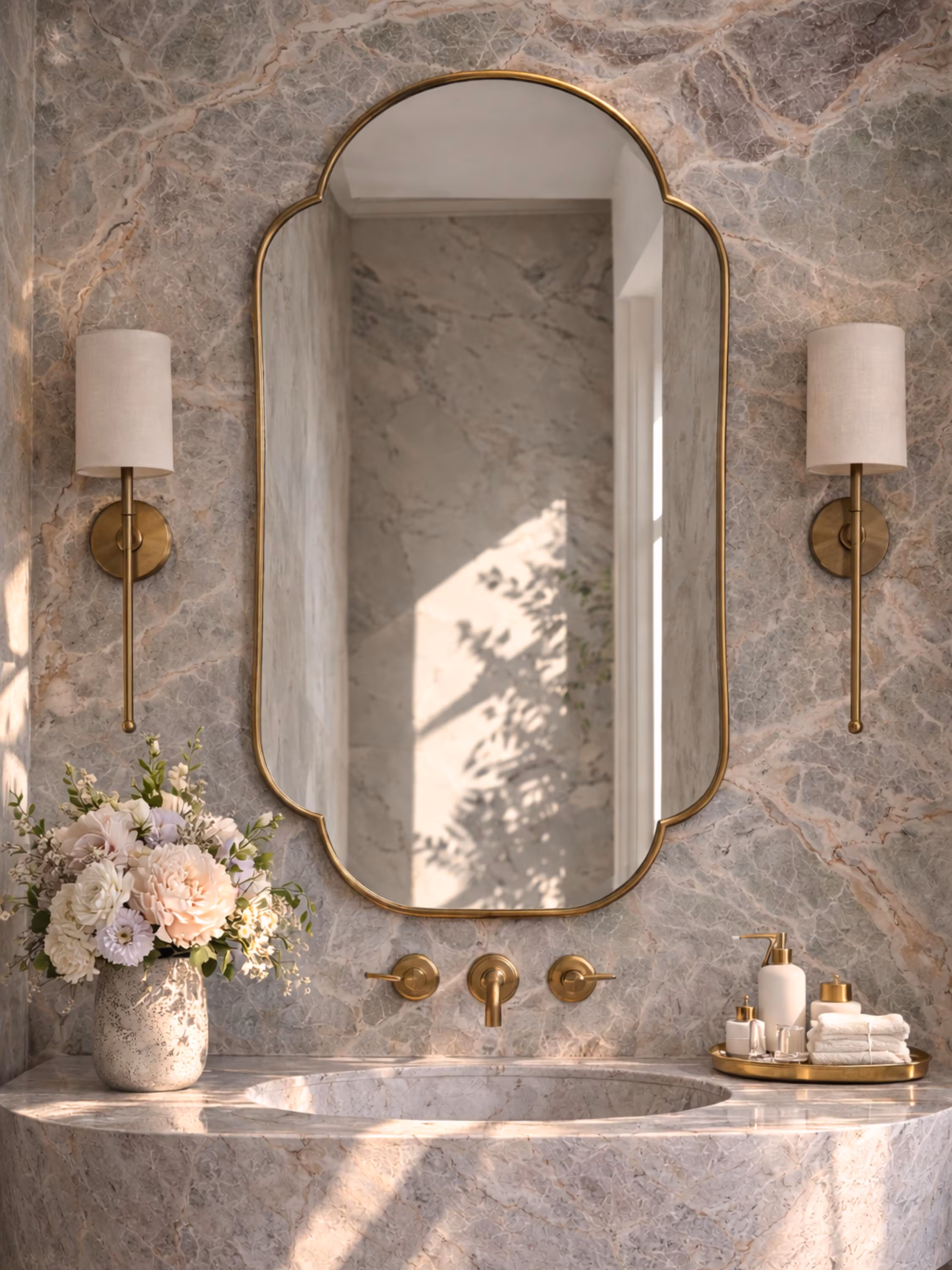 Scalloped Brass Bathroom Mirror, Antique brass Wall Vanity Mirror, Curved Rectangle Mirror, Vintage Inspired Brass Wall Mirror Home Decor