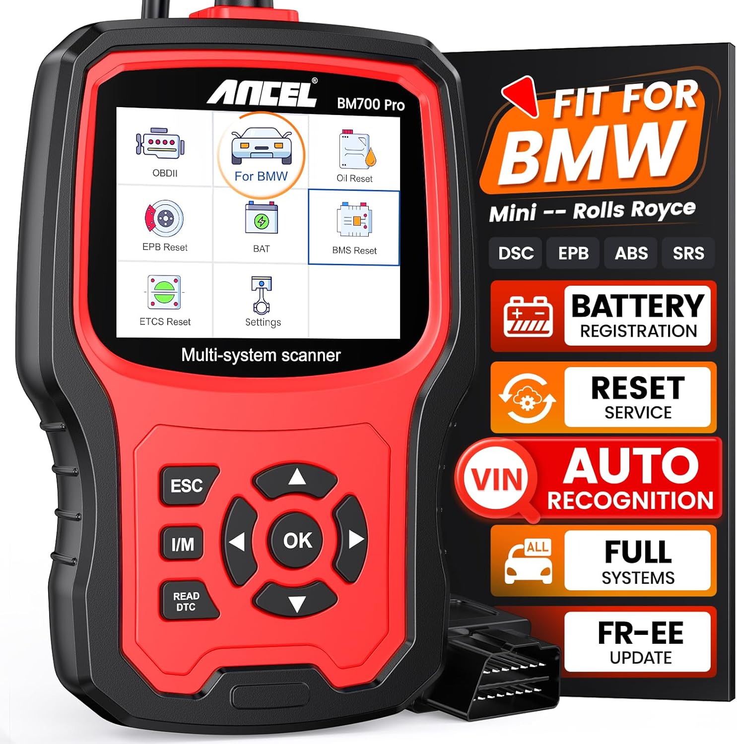 ANCEL BM700 PRO Fit for BMW Scanner - Battery Registration Tool, Code Reader for BMW/Mini/RR, Advanced OBD2 Scanner Auto V-I-N, Full System Diagnostic for BMW Scan Tool with All Reset Services (Red)