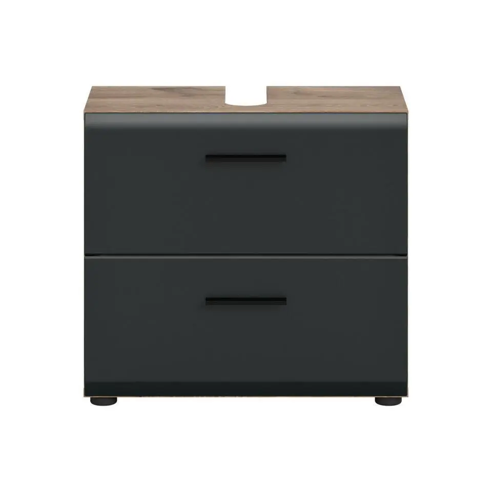 Hioshop Ice wastafel 2 lades zwart mat- eiken decor