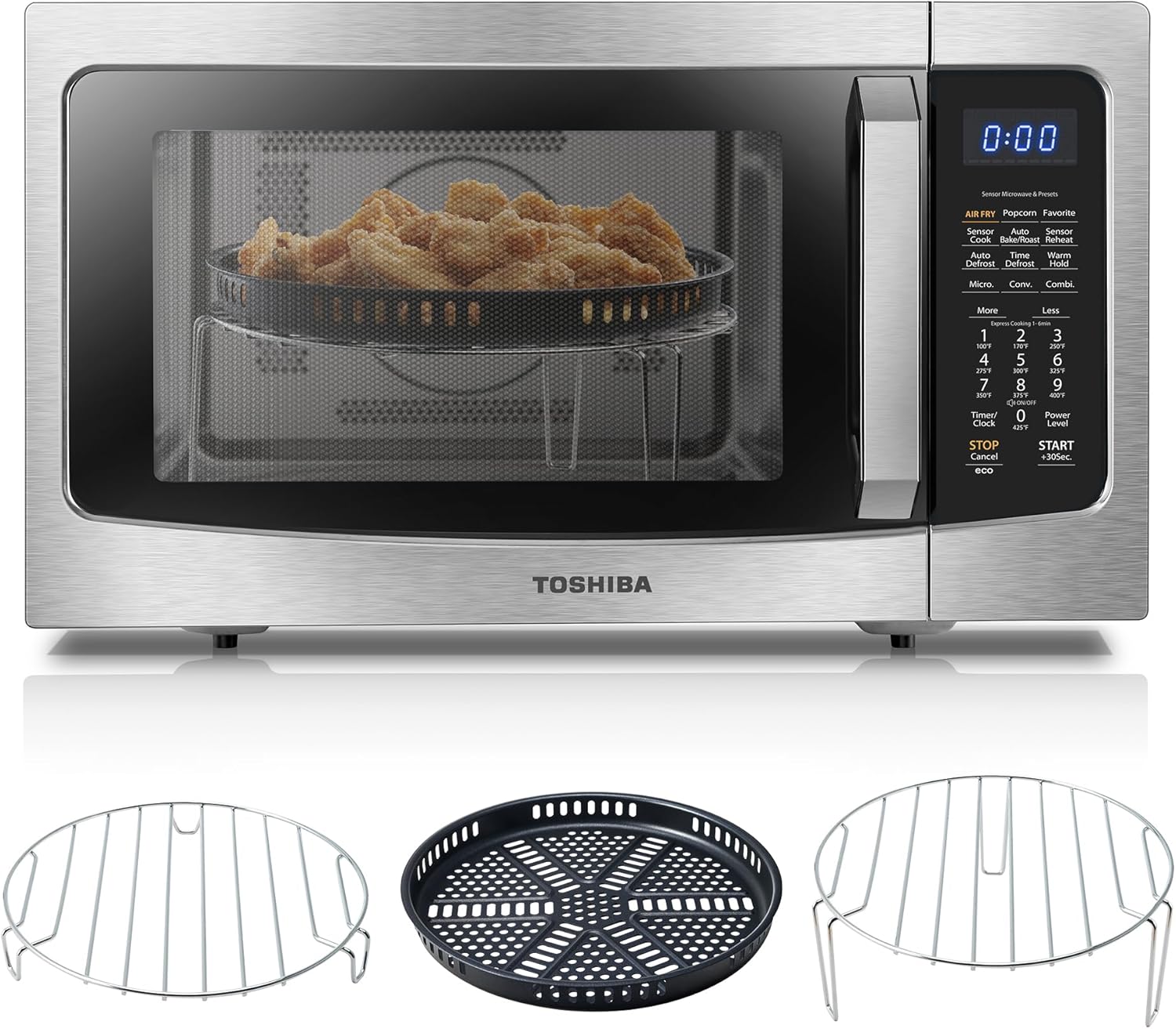 Toshiba Air Fryer Combo 4-in-1 Countertop Microwave Oven, Smart Sensor, Convection, Mute Function, Position Memory 13.6 Turntable, 1.5 Cu Ft, 1000W, Silver, ML-EC42P(SS)