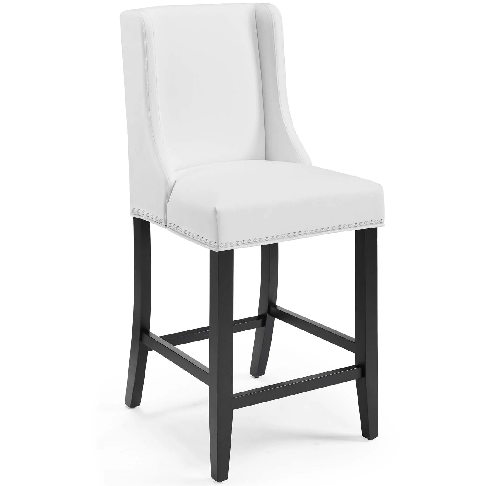 42 Inch Wingback Counter Stool, White Faux Leather Tapered Legs, Black