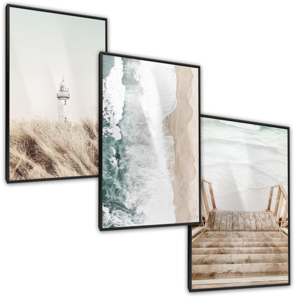 ZESTAW X3 PLAKAT W RAMIE LATARNIA MORZE PLAŻA BOHO 30x40cm
