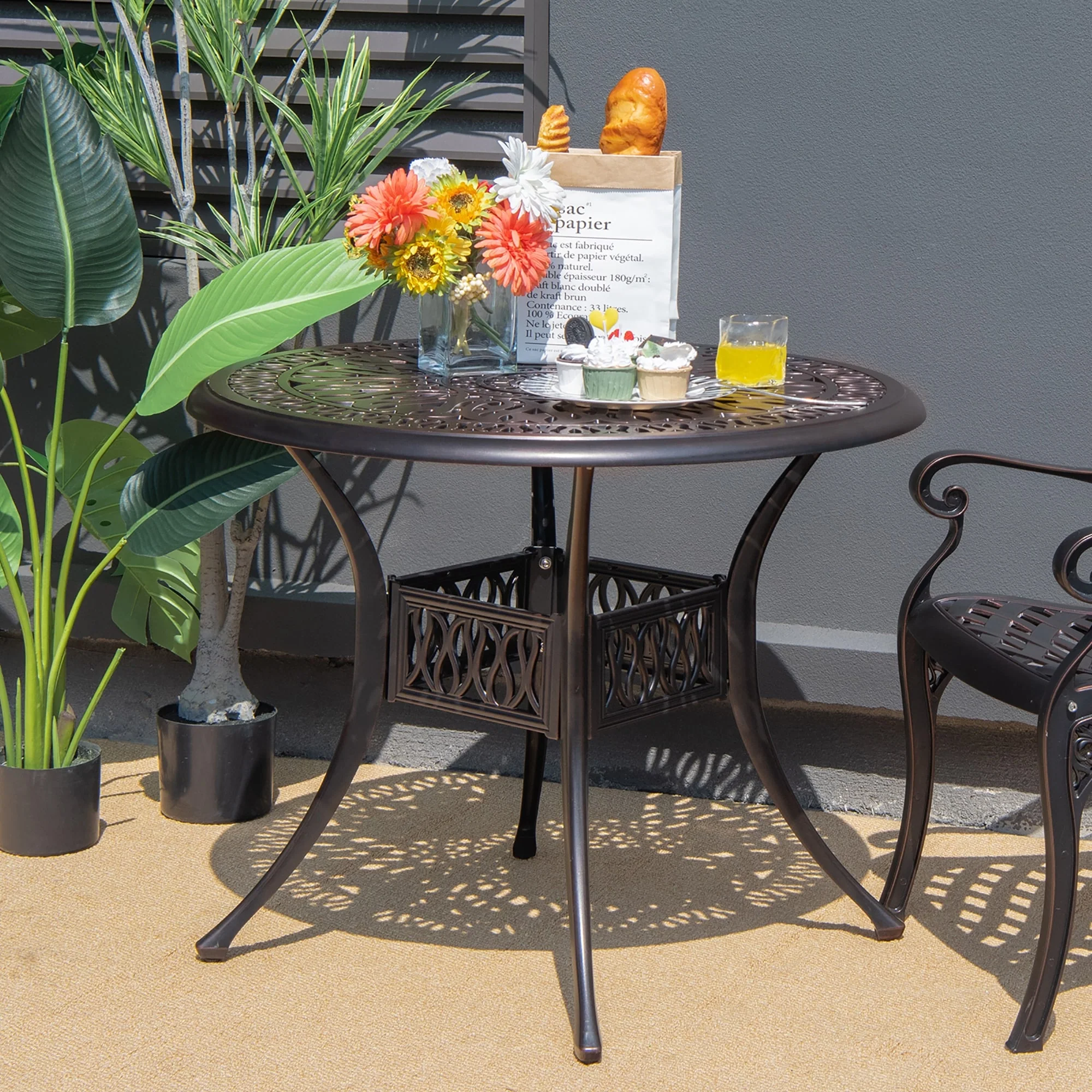 Costway 36'' Patio Round Dining Bistro Table Cast W/2'' Umbrella Hole - See Details