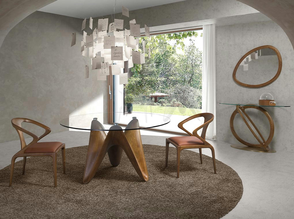 - Table à manger ronde verre trempé et Noyer - 130 x 75