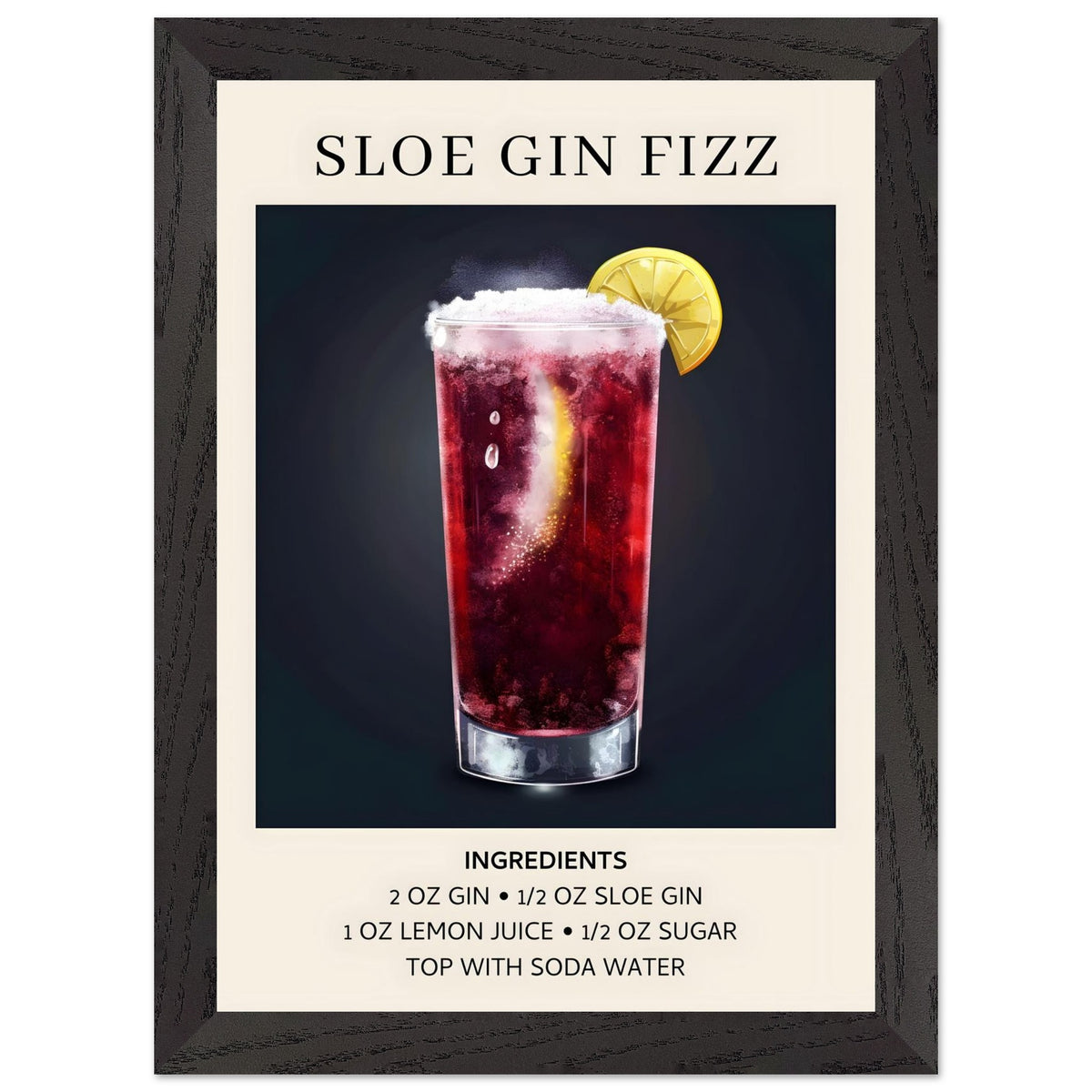 Artfulprints Poster met Lijst Sloe Gin Fizz cocktail - Ingrediënten  - A4 21x29.7 cm - Zwart