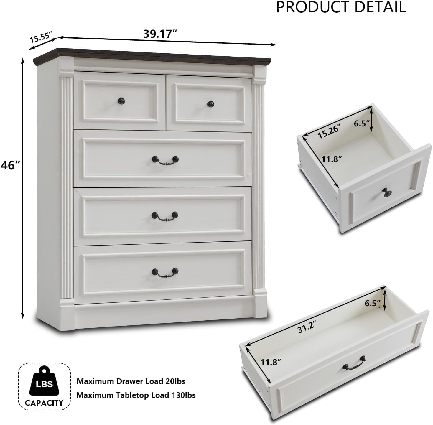 Farmhouse 5 Drawers Dresser for Bedroom, 46 Tall Dressers & Chests of Drawers w/Roman Column, Large Storage Dressers Organizer for Bedroom, Hallway, Living Room, White