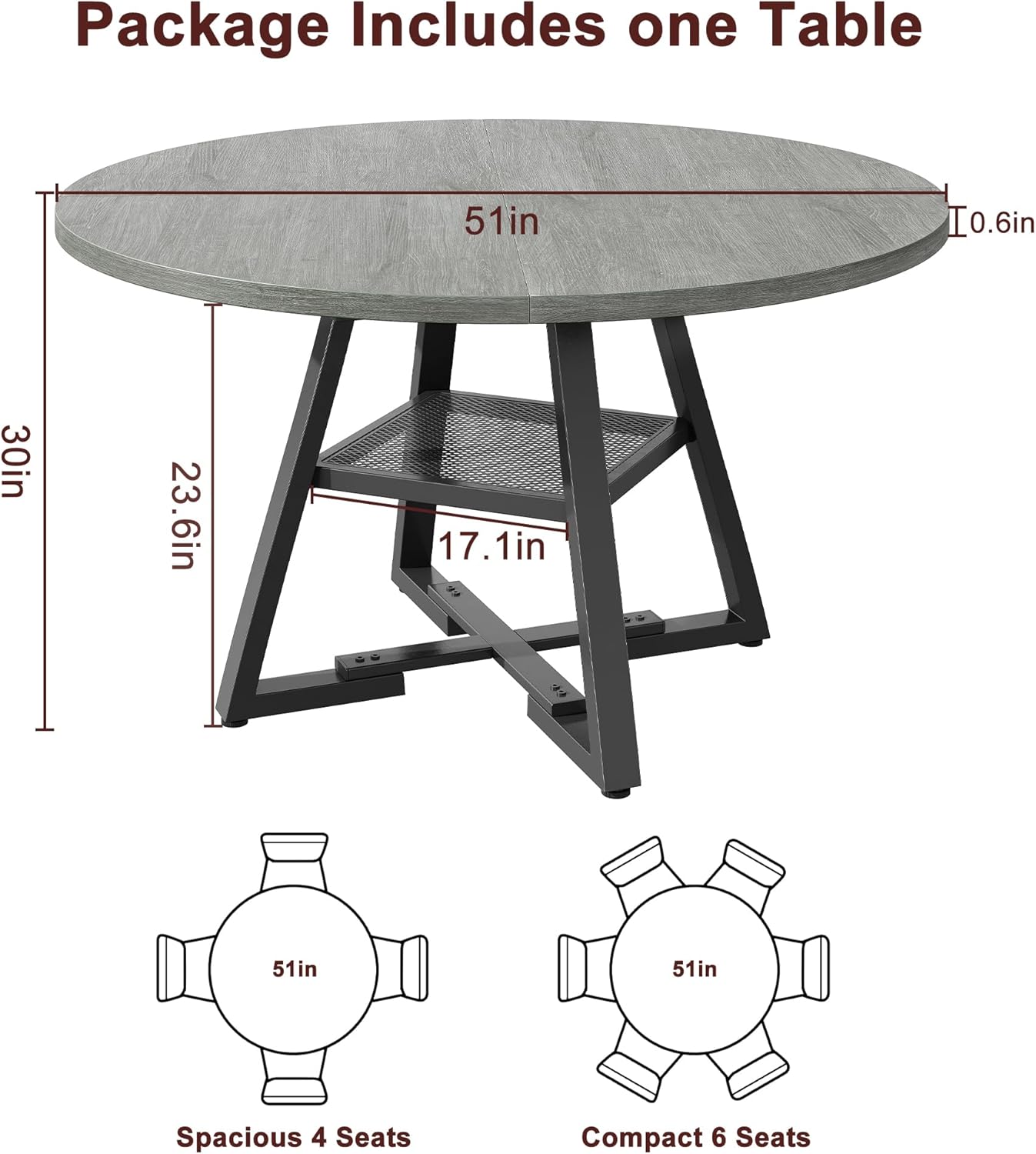 Jocoevol 51 Round Dining Table for 6,Kitchen Dining Room Circle Dinner Pedestal Table,Space Saving Wood Kitchen & Dining Room Furniture (Grey, 51In)