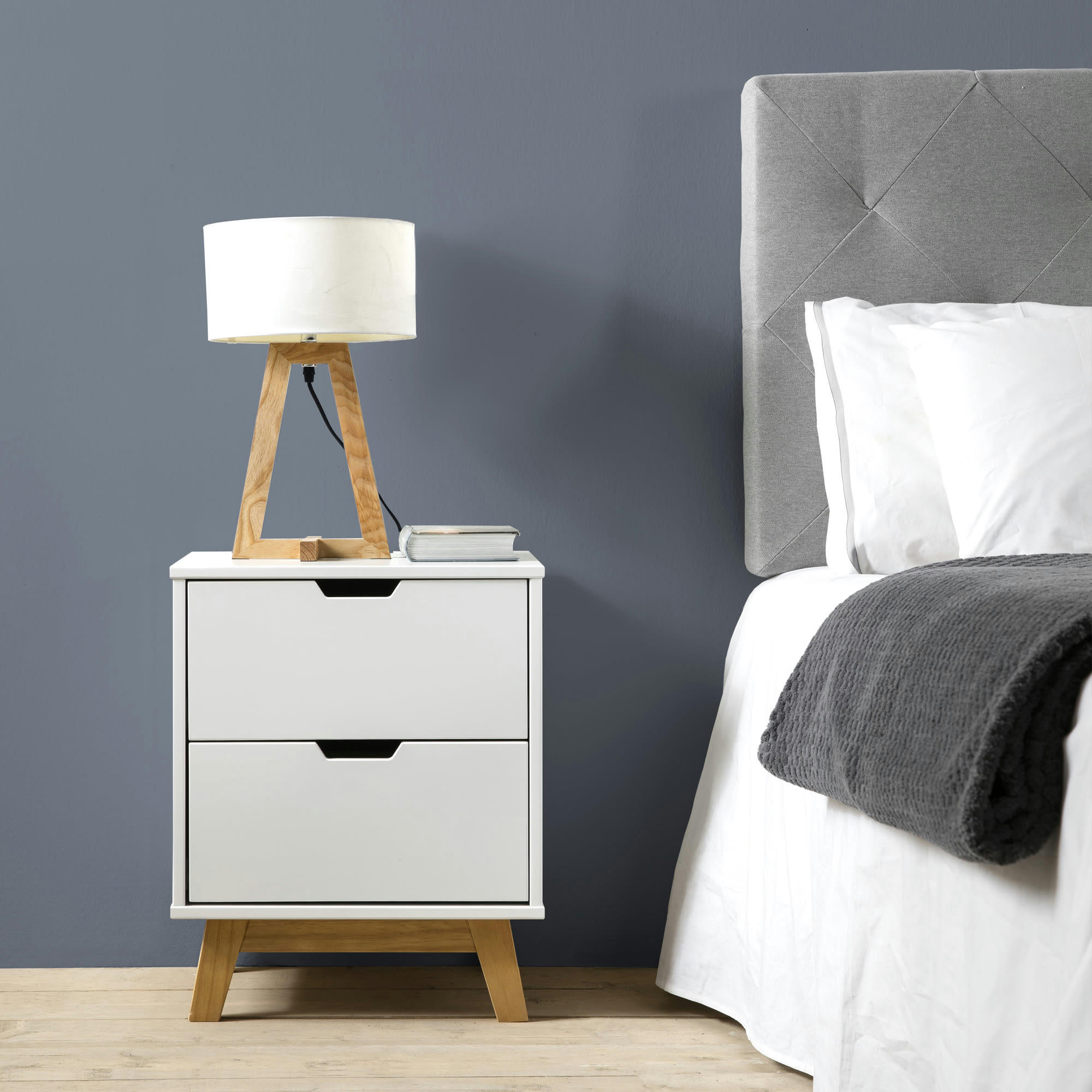 MIRANDA - Table de chevet 2 tiroirs blanc, mdf laqué en couler blanc