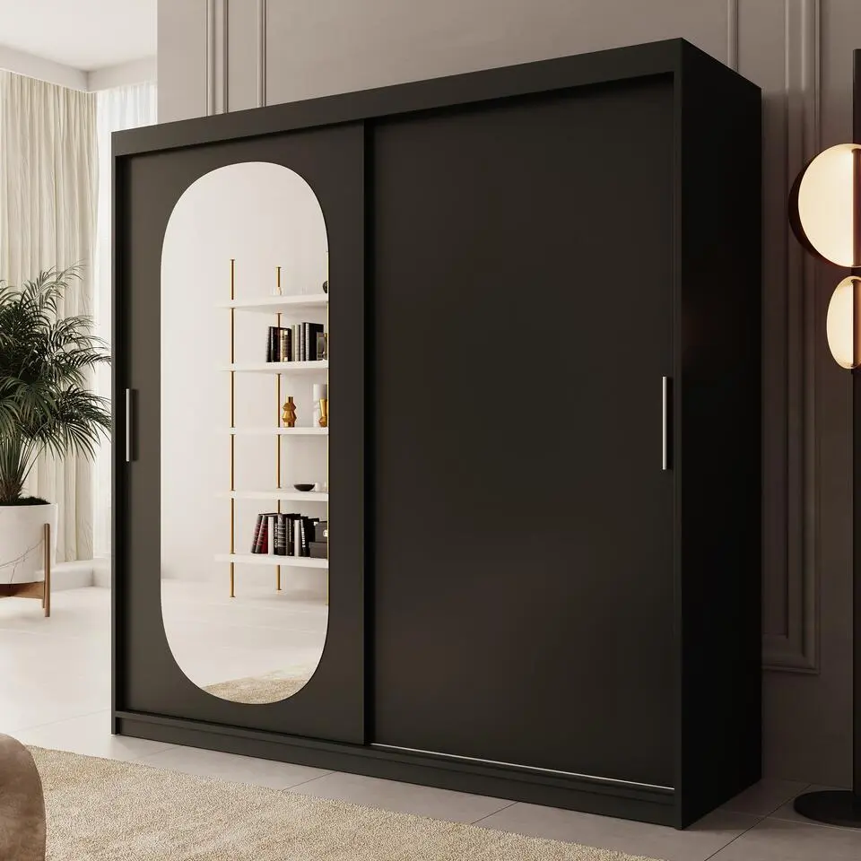 Meubella - Kledingkast Bodhi - Zwart - 200 cm - Met spiegel