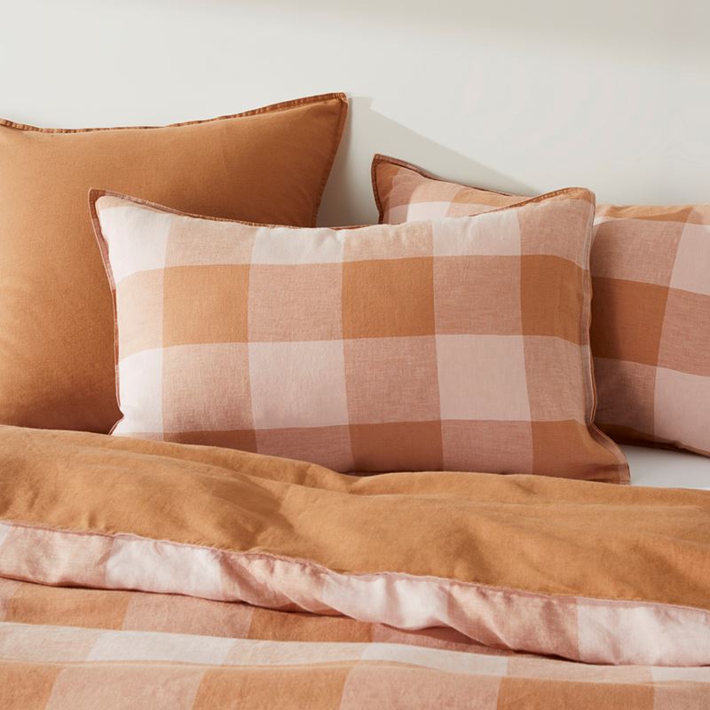 Vintage Washed Linen Large Caramel & Pink Check Quilt Cover Separates