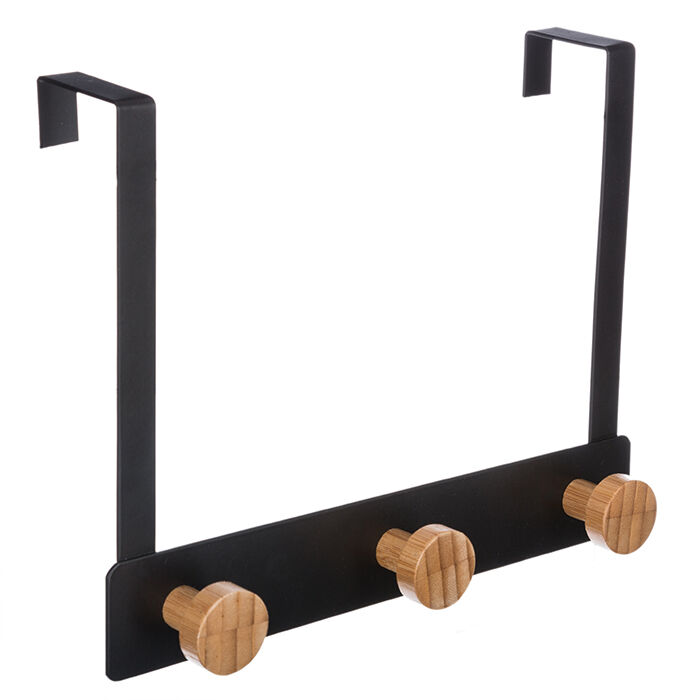 Cabide para porta preto com 3 ganchos em bambu
