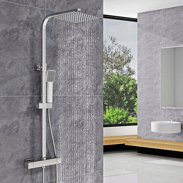 AICA colonne de douche thermostatique avec pomme de tête,Carré, douchette et flexible,effet chromé