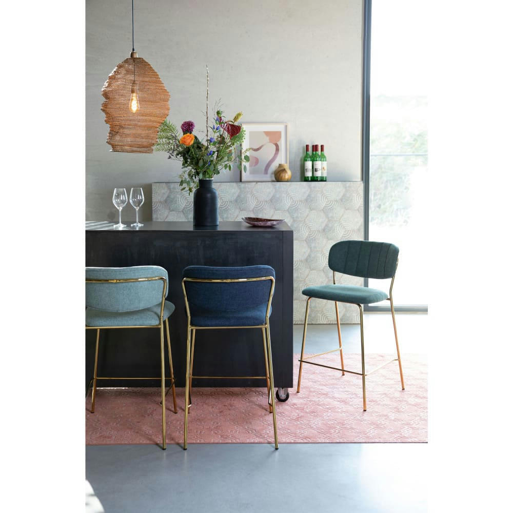 JOLIEN - Lot de 2 tabourets de bar en tissu avec pieds dorés vert