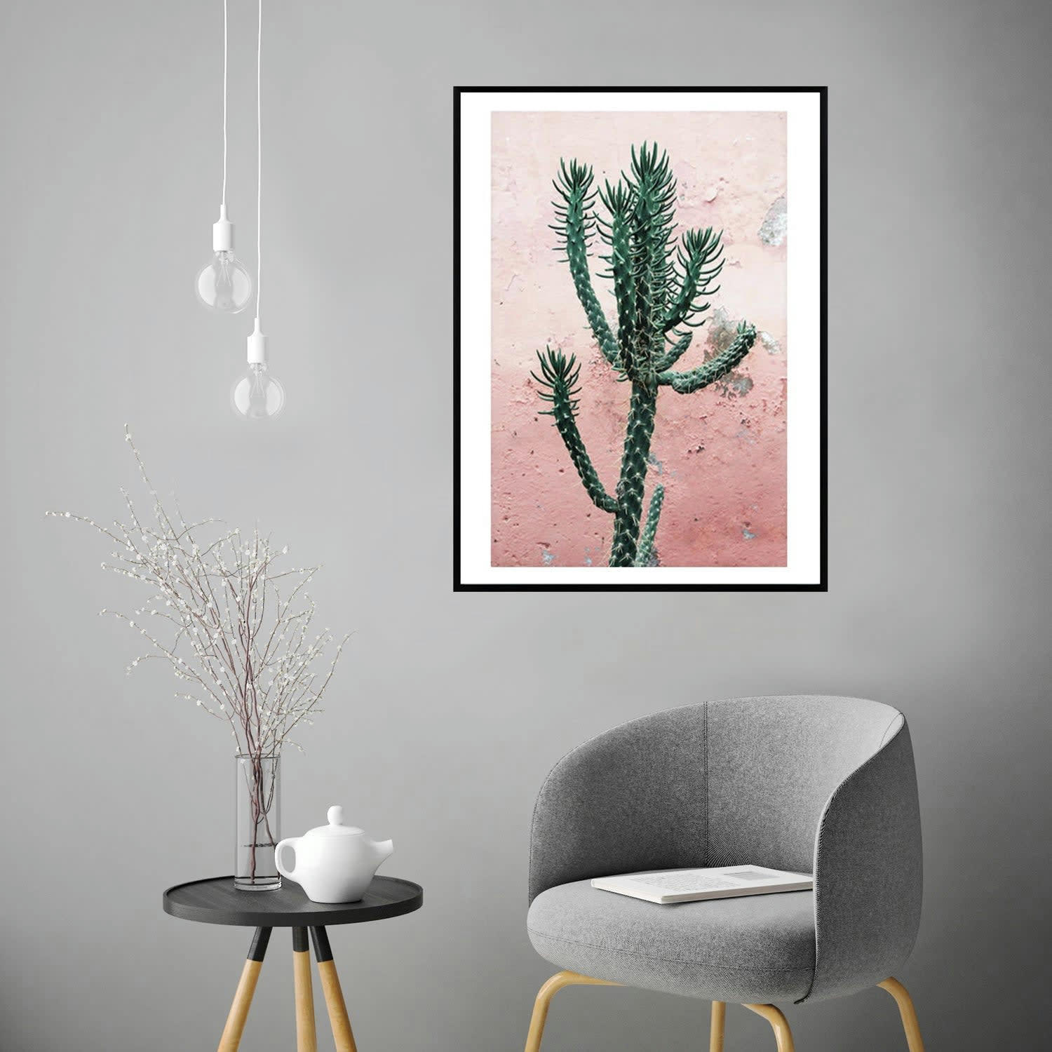 CACTUS - Affiche avec cadre noir - Cactus Fond Rose - 30x40