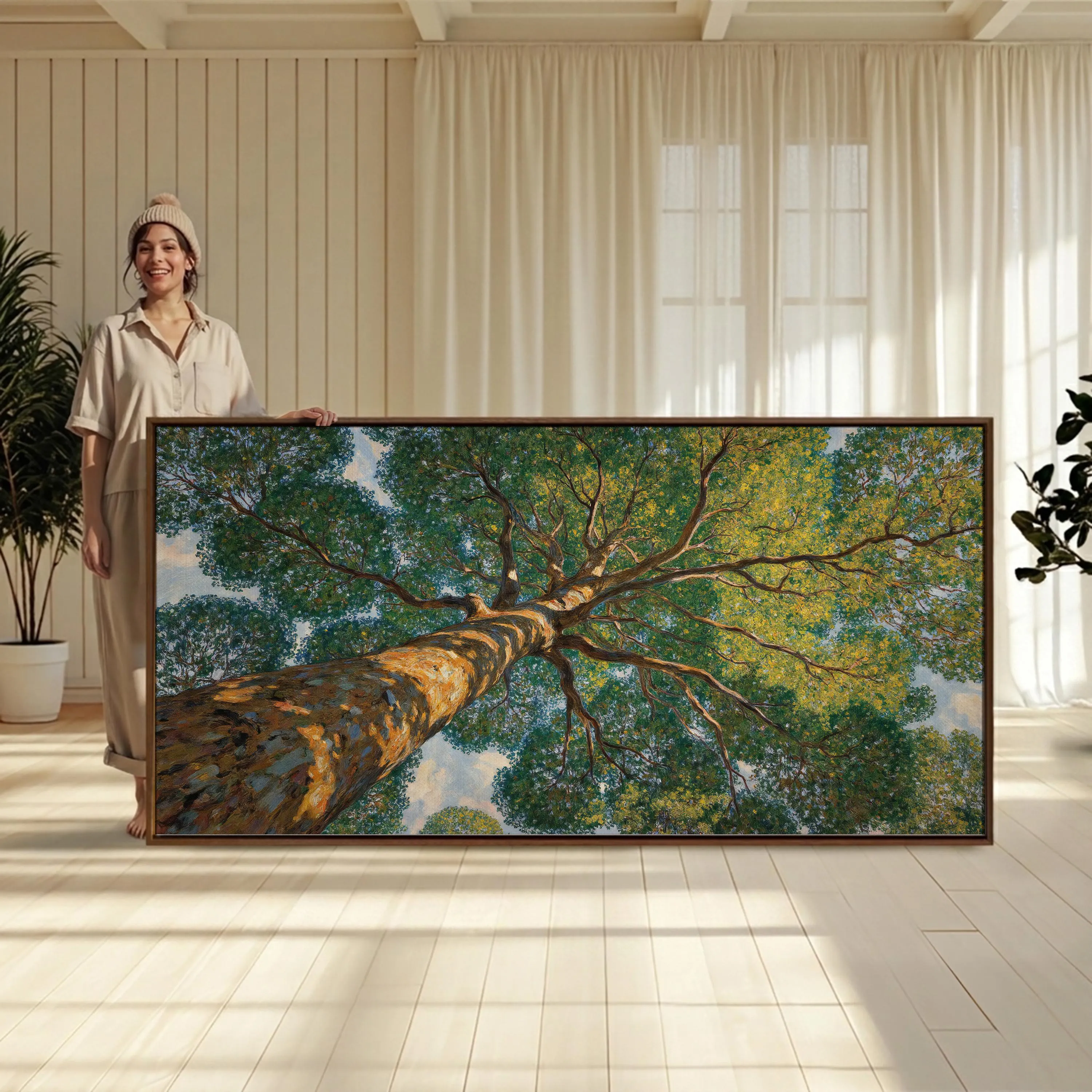 Framed Impressionist Canvas Wall Art, Gustav Klimt Giant Oak, Panoramic Botanical Prints