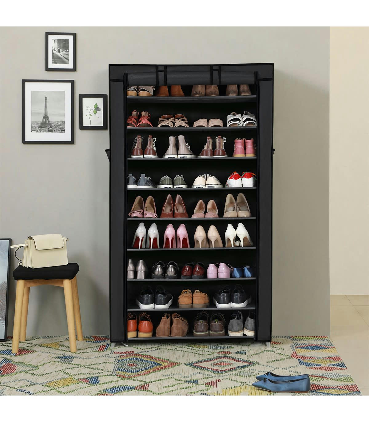 - Armoire à chaussures noire à 10 niveaux avec housse de protection
