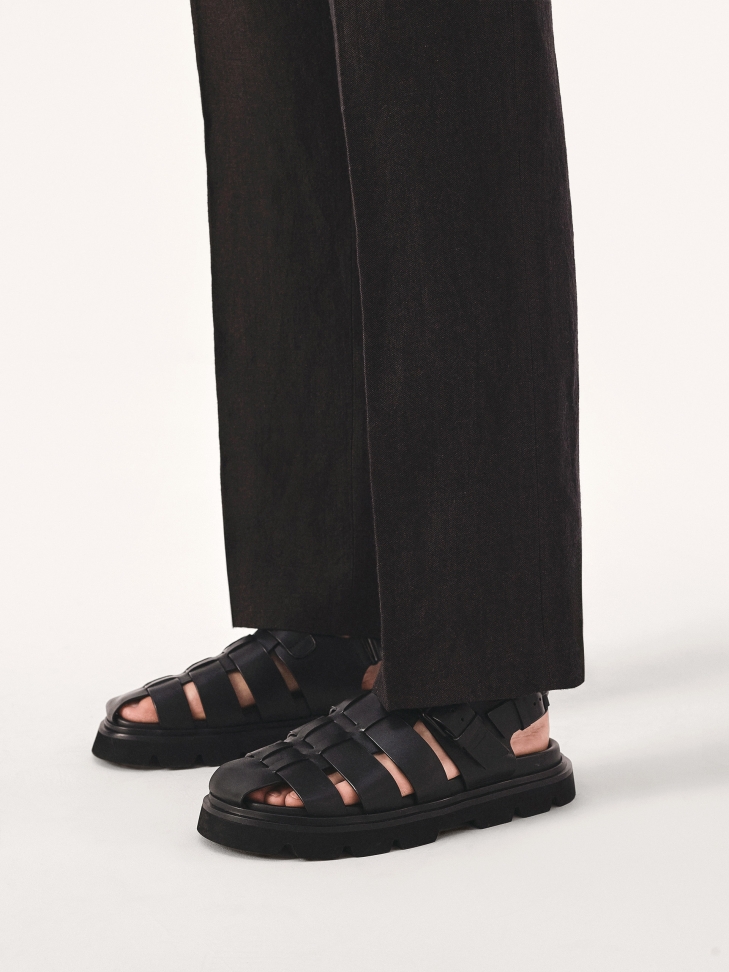 Black leather sandals with covered toes