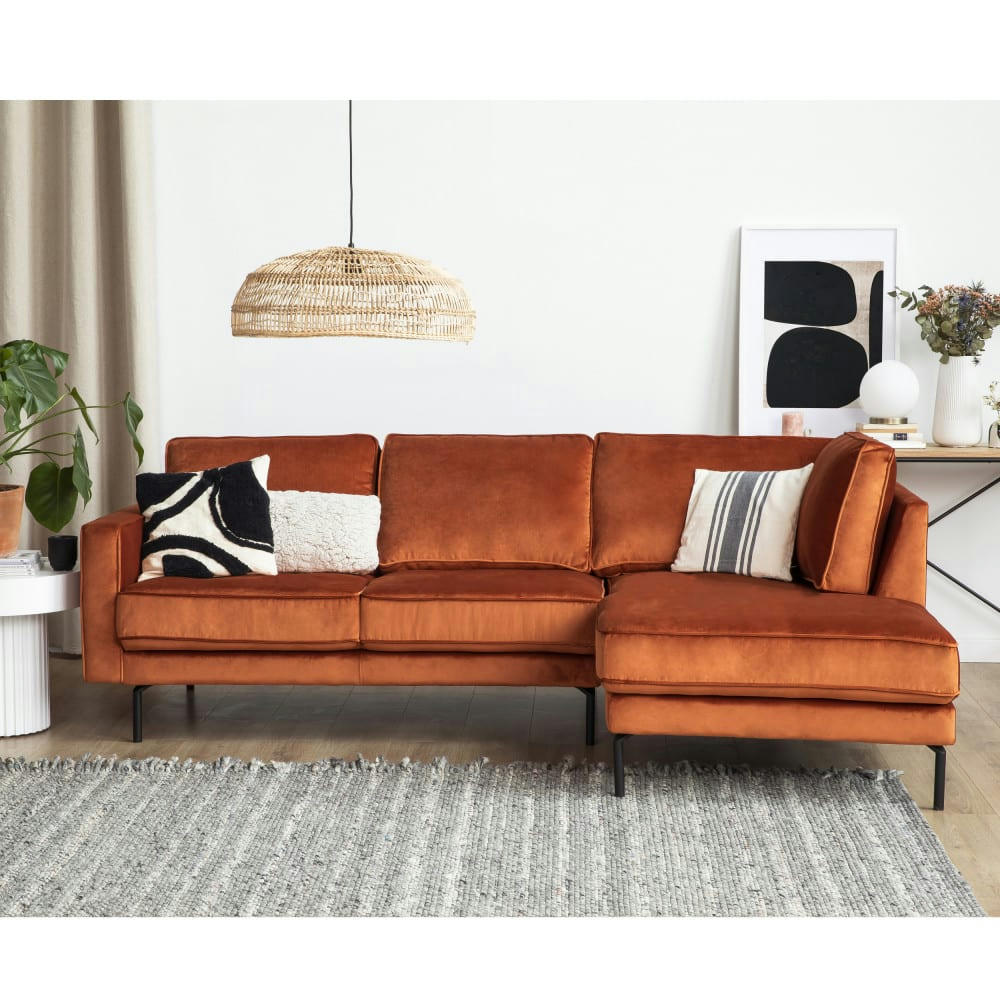 ORSO - Canapé d'angle droit en velours rouille 3 places