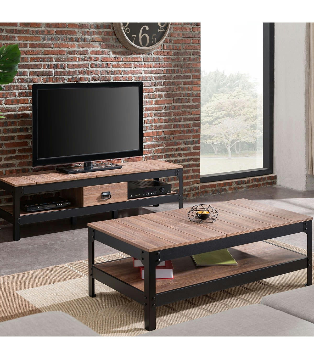 - Table basse métal noir et bois - L117cm