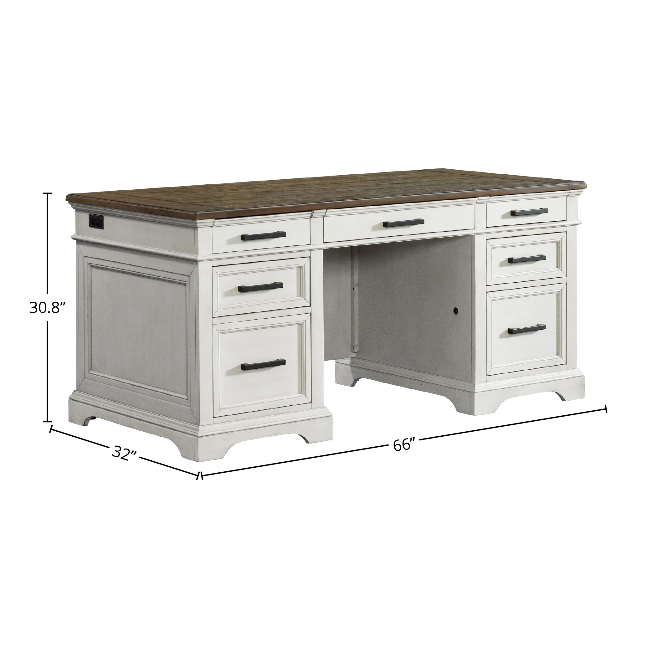 Drake Home Office 66 Wide Executive Desk, Rustic White & French Oak