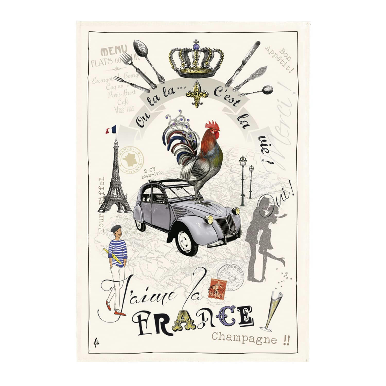 VINTAGE - Torchon france panorama en coton ecru 48 x 72