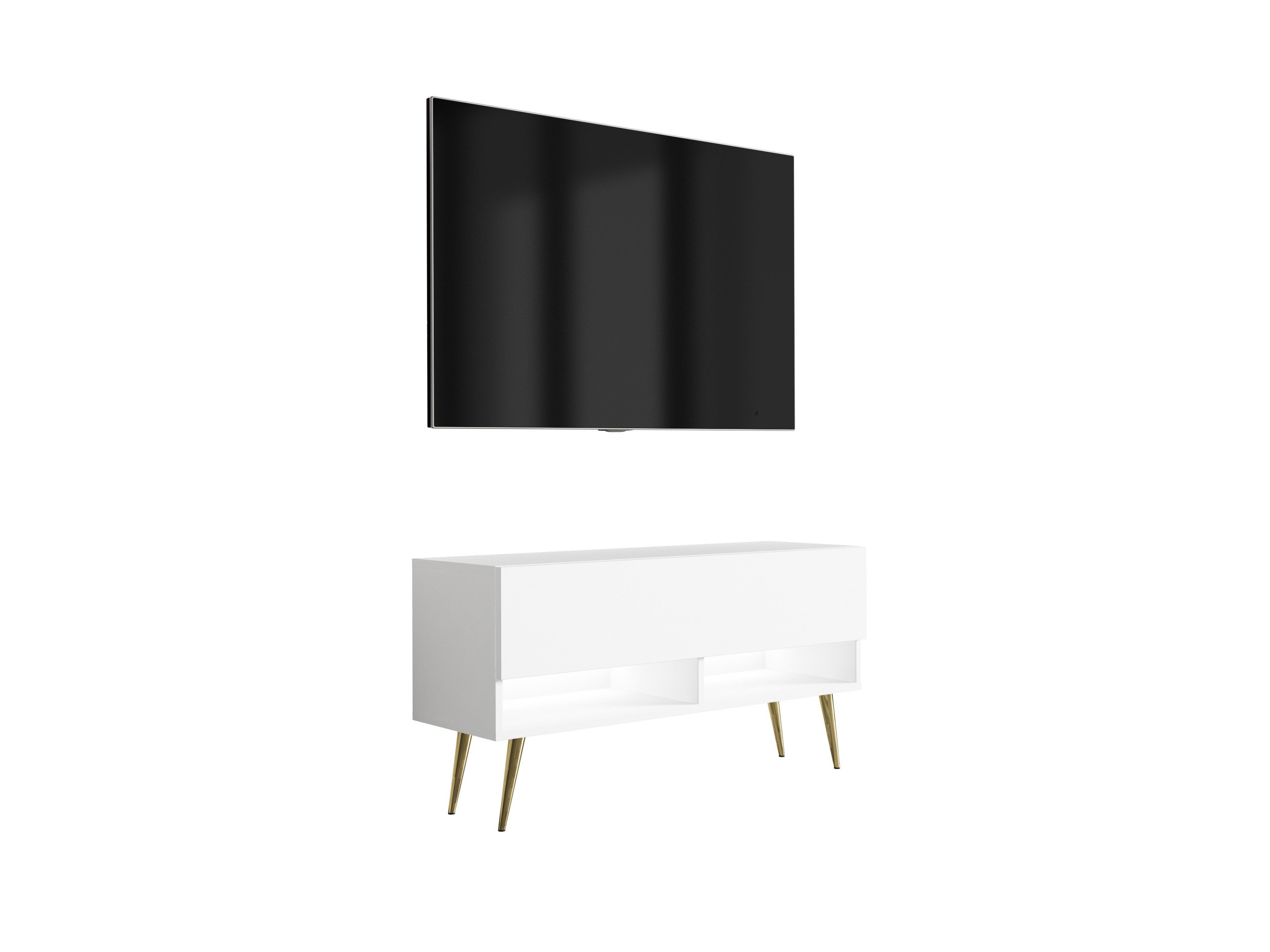 Szafka RTV Biały Mat, nogi pochyłe złote, LED biały, 100 x 32 x 52 cm