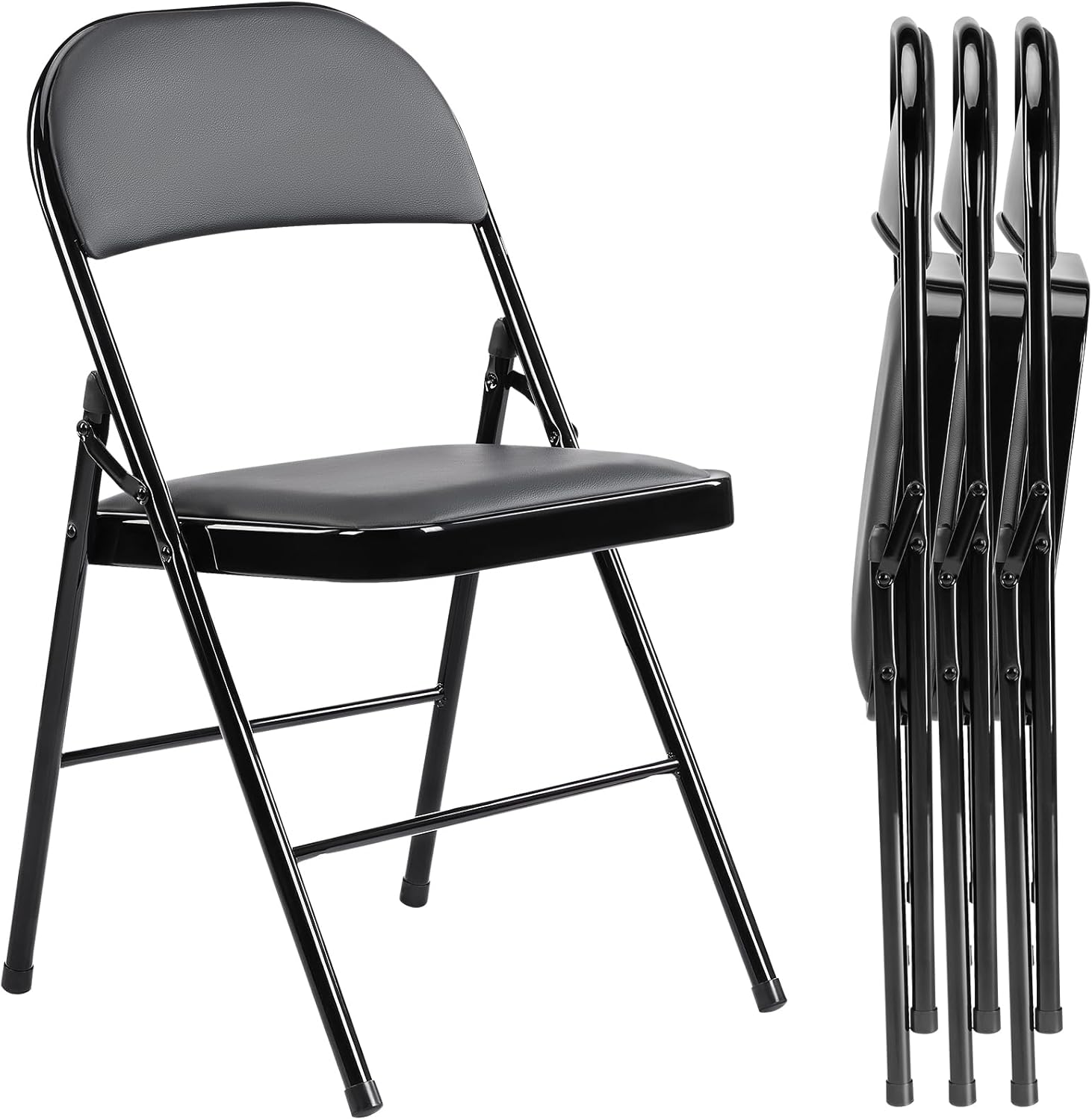 DUMOS 4 Pack PU Leather Padded Folding Chair, Indoor Outdoor Portable Stackable Seat with Steel Frame, for Home, Office, Party, Dining, Black