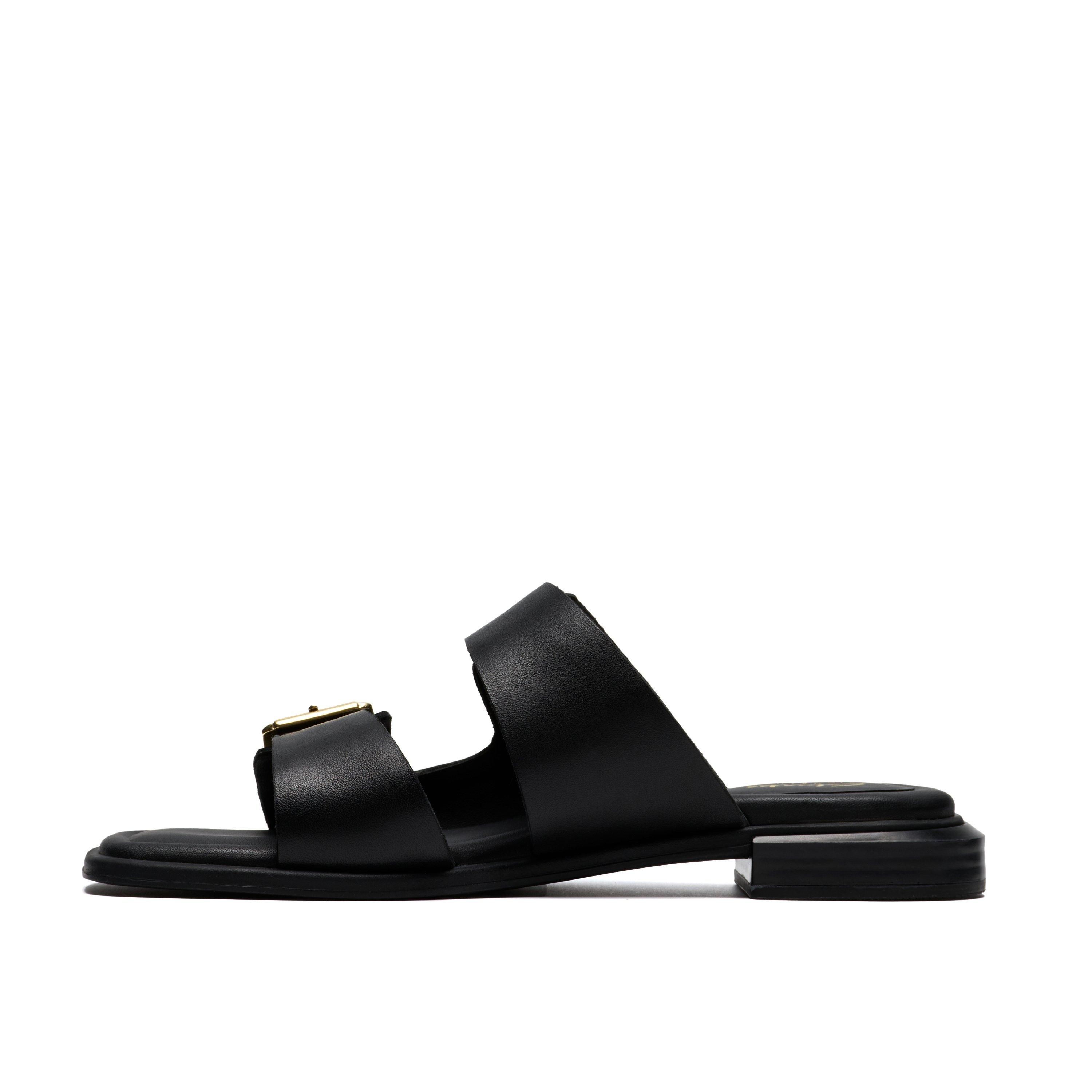 Clarks Ariany Bay Black Leather Flat Sandals,Sliders