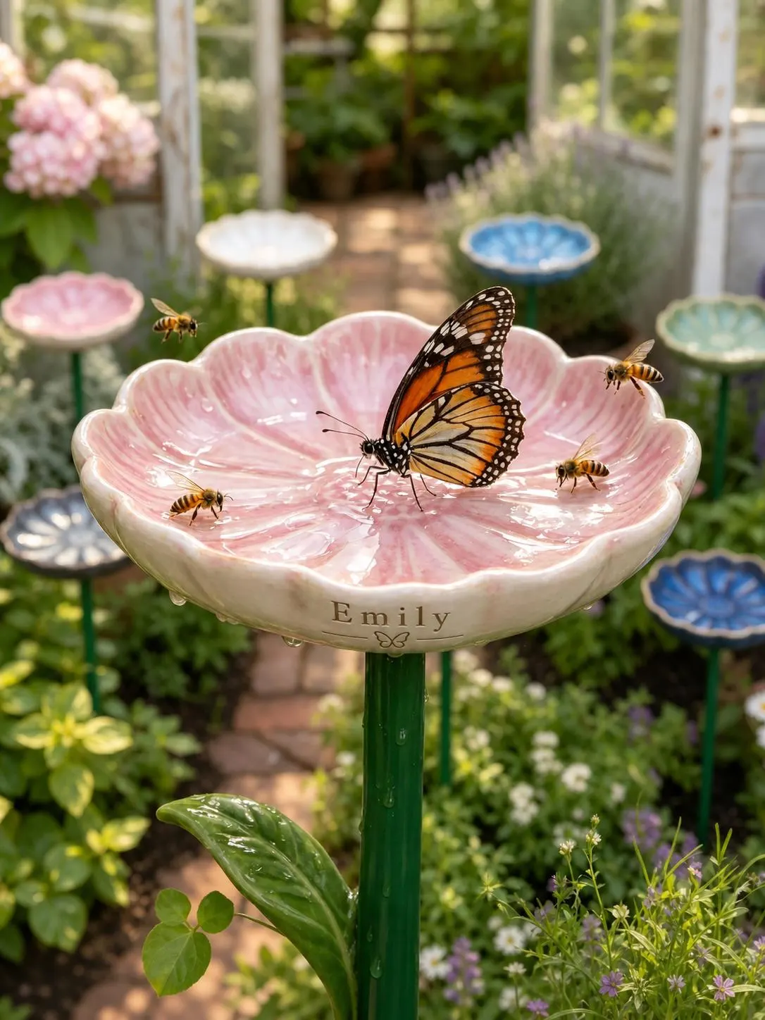 Personalized Ceramic Bee Watering Station, Custom Name Flower Garden Stake, Butterfly Puddler, Pollinator Water Dish, Gardener Gift