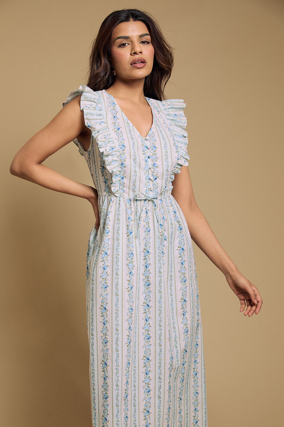Dorothy Perkins Petite Lace Up Front Flutter Sleeve Printed Poplin Midi Dress